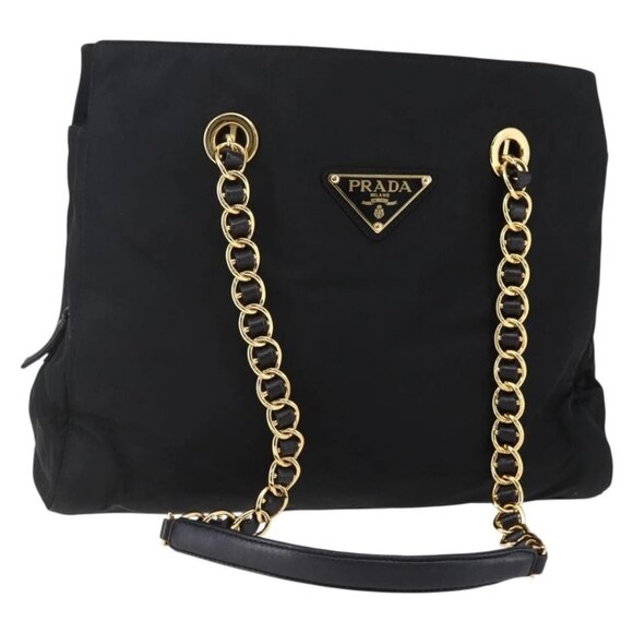 PRADA Chain Shoulder Bag Nylon Black Gold Auth 148283 - Picture 1 of 16